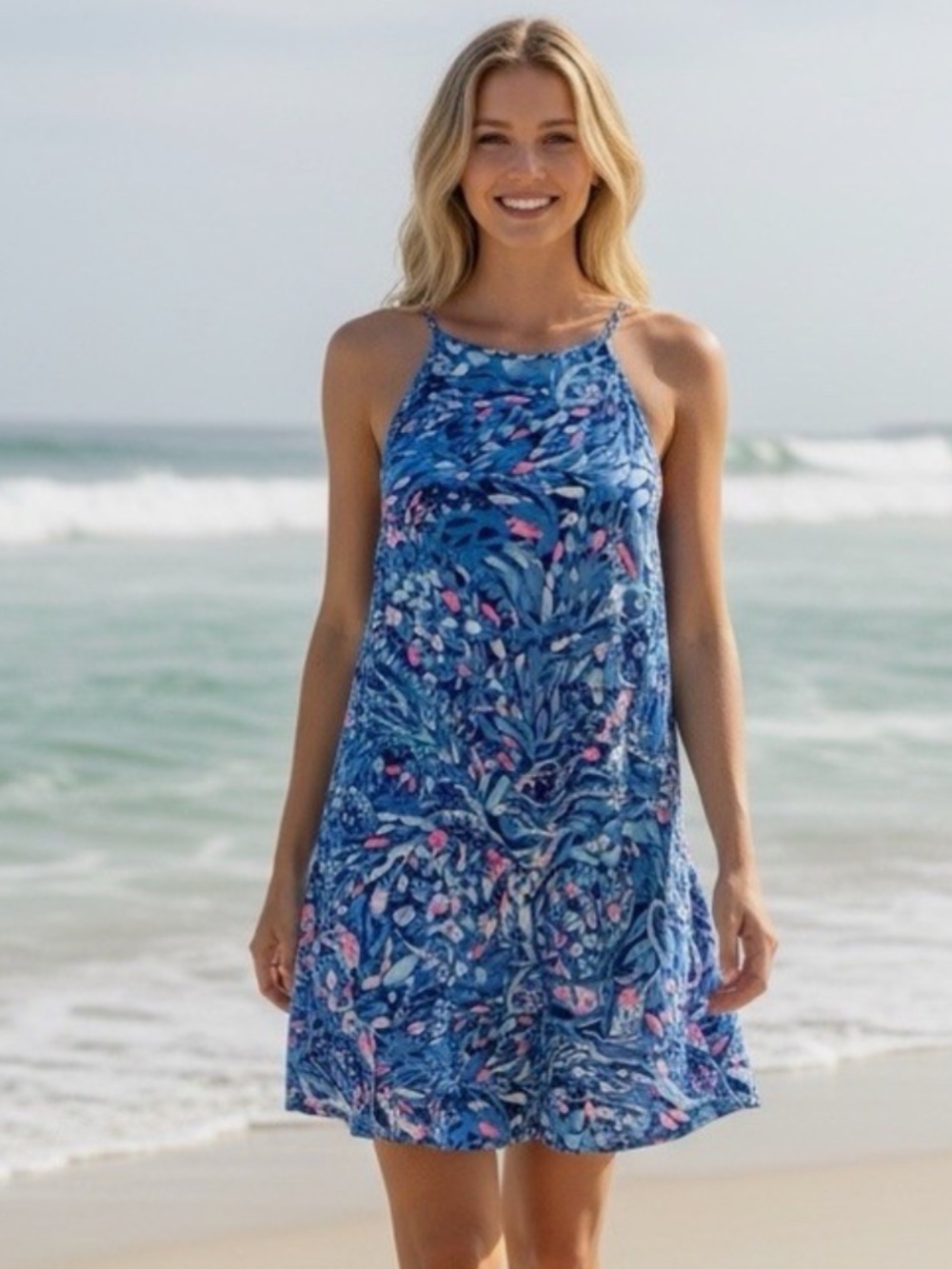 Lilly Pulitzer Margot Halter Style Cotton Dress In Party Wave Print Blue / Pink